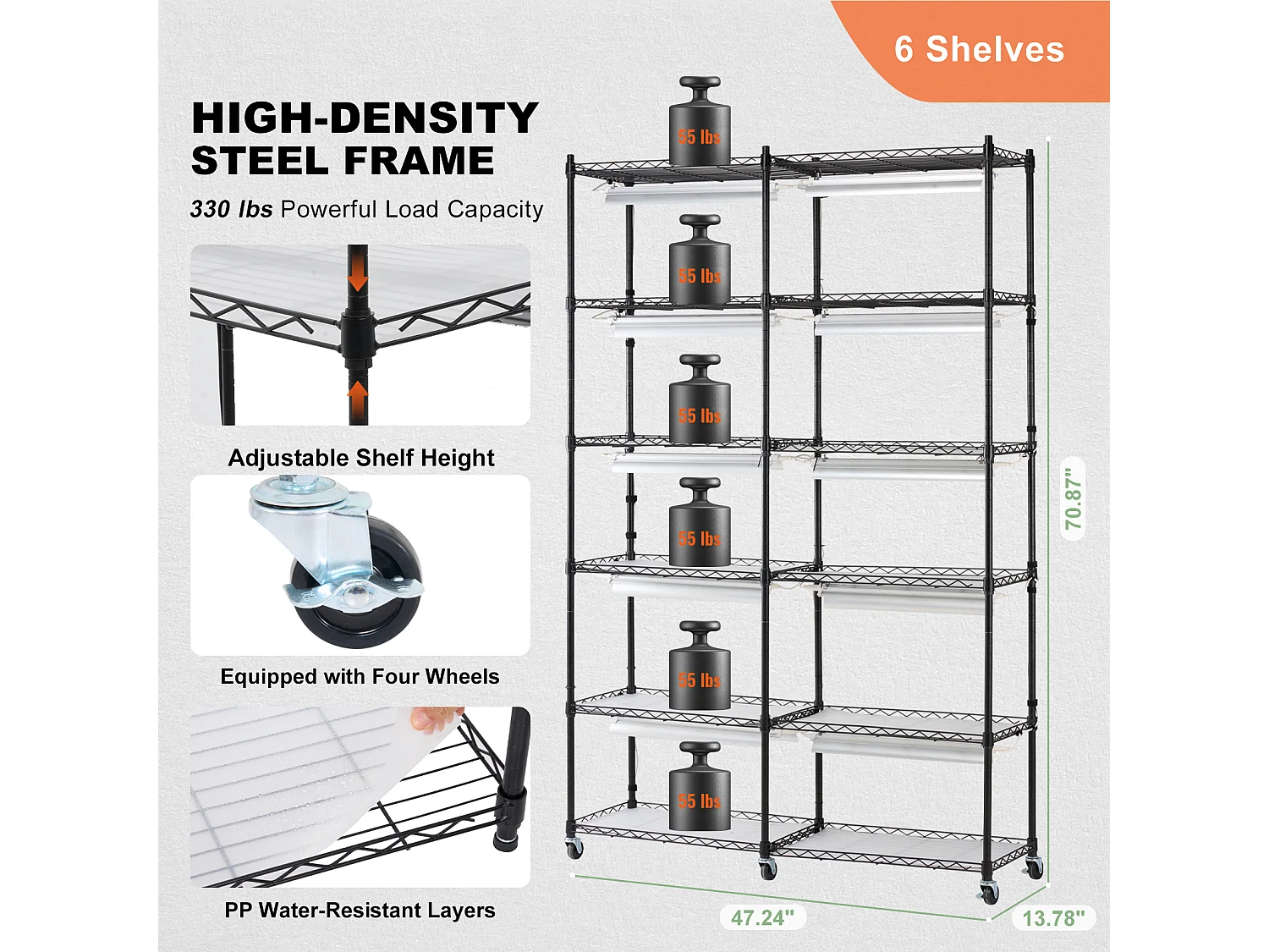 Support pour Plantes SucceBuy avec Lampe de Croissance, 6 Niveaux, 200 W, Étagère Intérieure de 150 cm