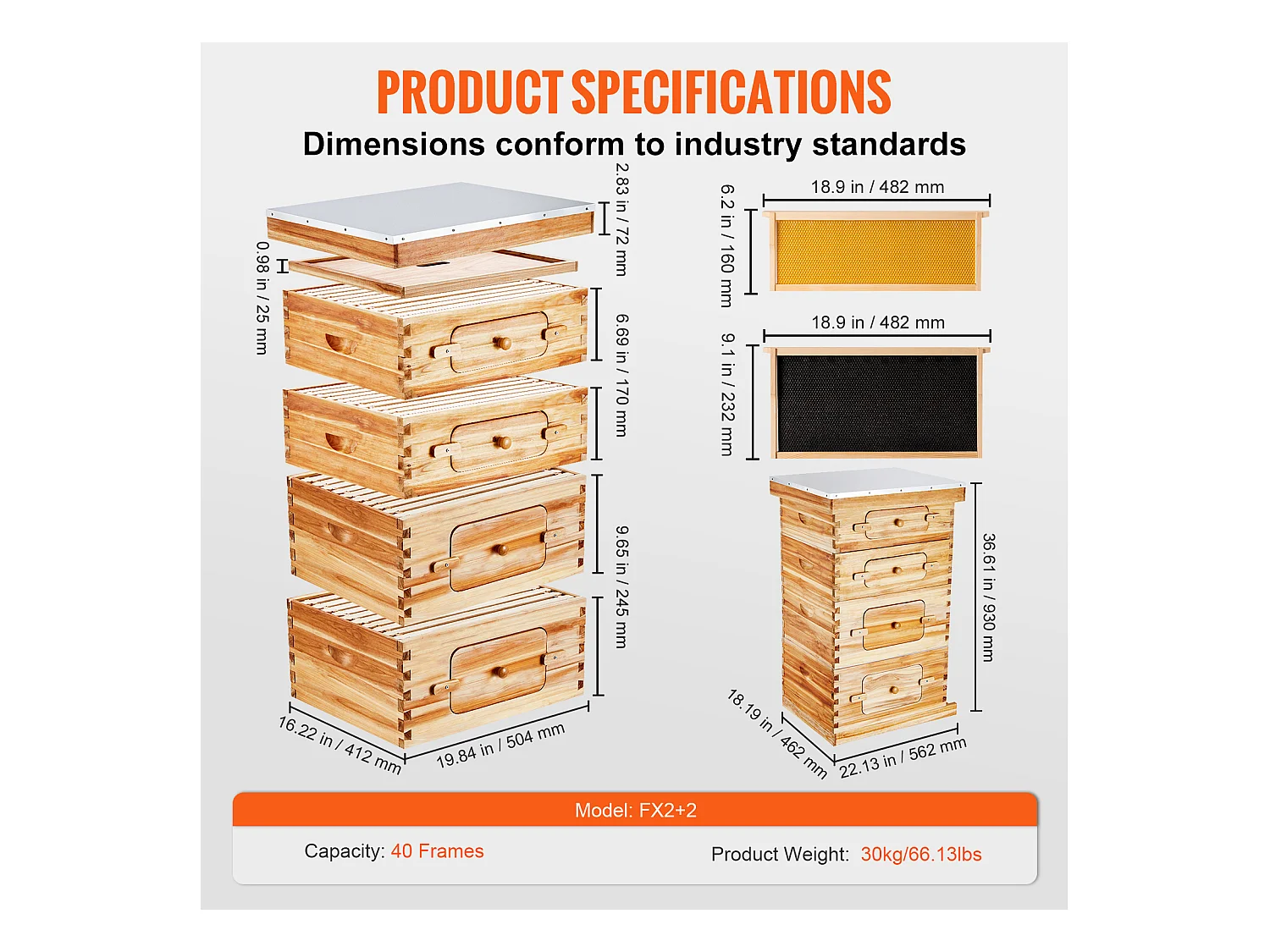Kit de Ruche d'Abeilles SucceBuy Langstroth 20 Cadres Profonds et 20 Cadres Moyens avec Fenêtres en Acrylique