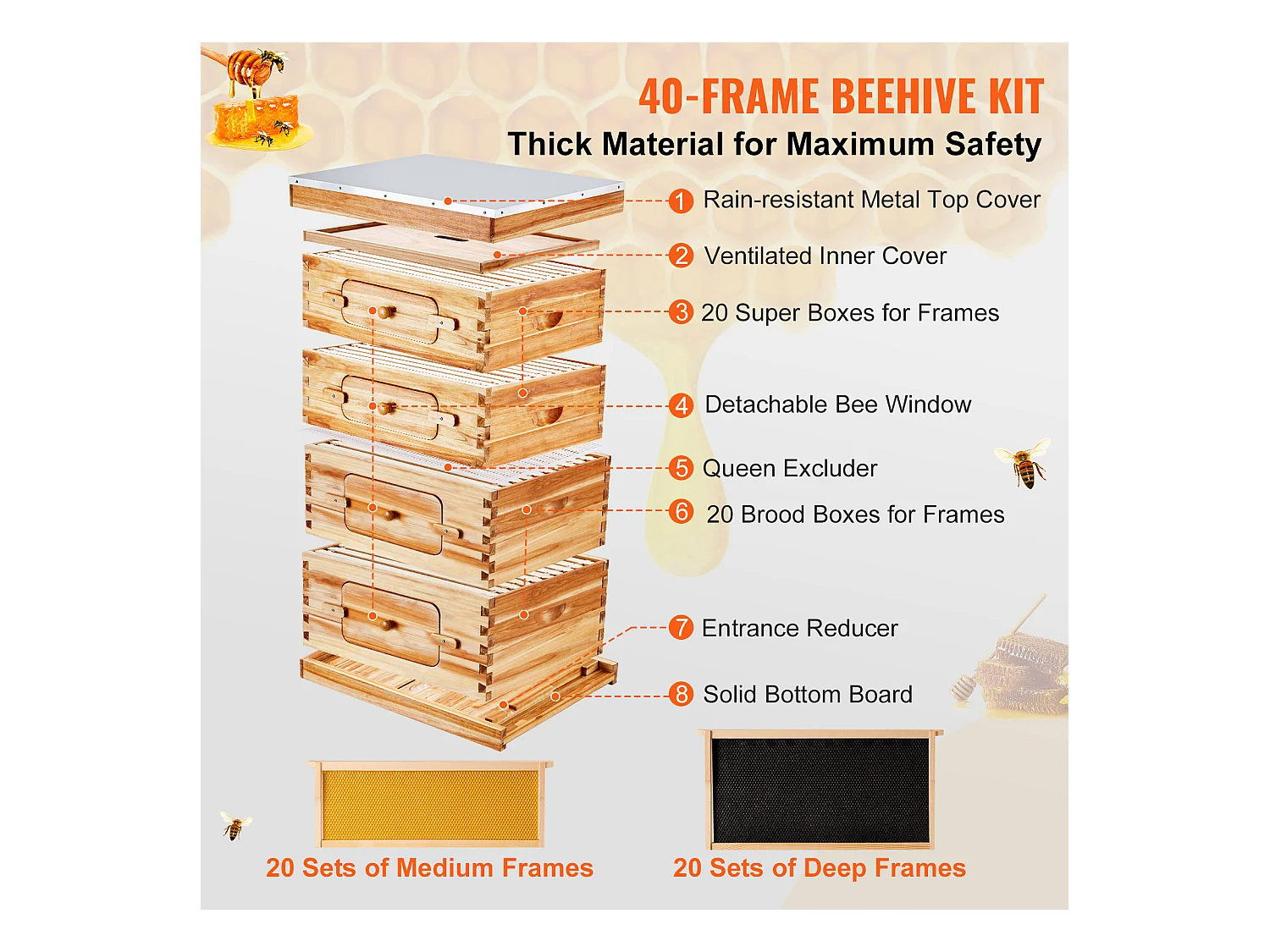 Kit de Ruche d'Abeilles SucceBuy Langstroth 20 Cadres Profonds et 20 Cadres Moyens avec Fenêtres en Acrylique