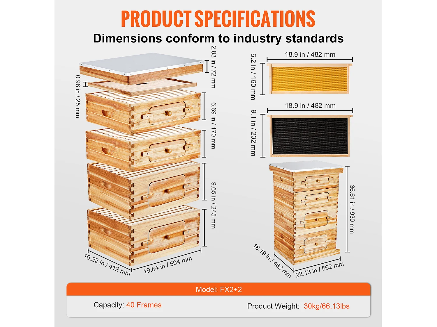 Kit de Ruche d'Abeilles SucceBuy Langstroth 20 Cadres Profonds et 20 Cadres Moyens avec Fenêtres en Acrylique