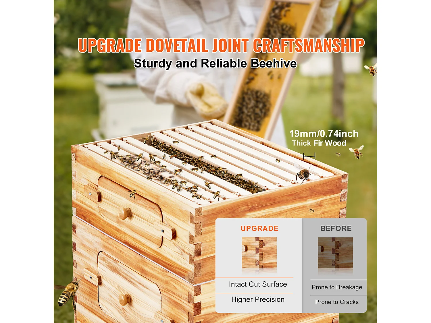 Kit de Ruche d'Abeilles SucceBuy Langstroth 20 Cadres Profonds et 20 Cadres Moyens avec Fenêtres en Acrylique