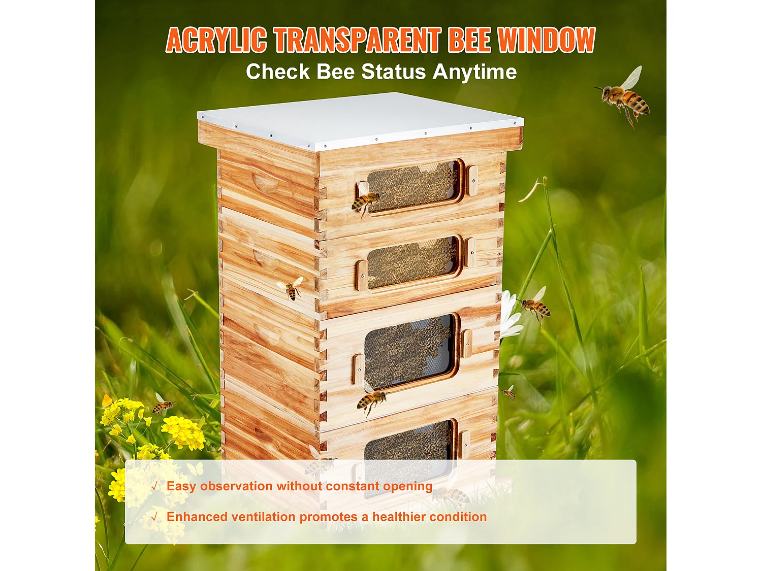 Kit de Ruche d'Abeilles SucceBuy Langstroth 20 Cadres Profonds et 20 Cadres Moyens avec Fenêtres en Acrylique