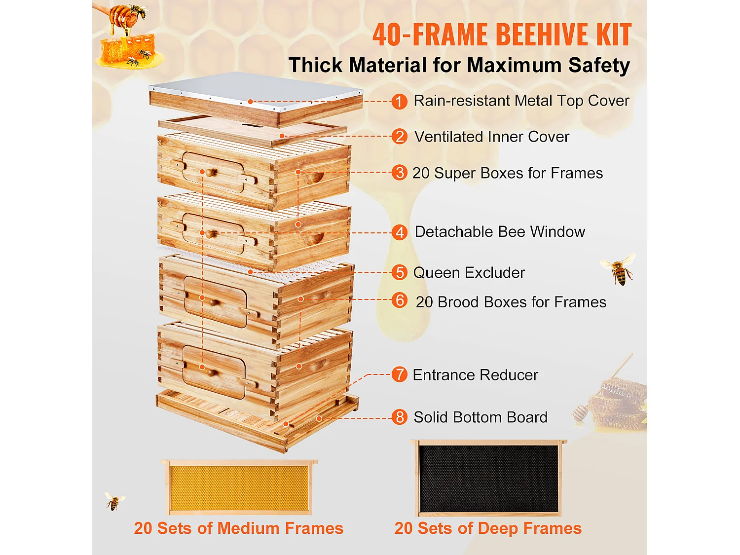 Kit de Ruche d'Abeilles SucceBuy Langstroth 20 Cadres Profonds et 20 Cadres Moyens avec Fenêtres en Acrylique