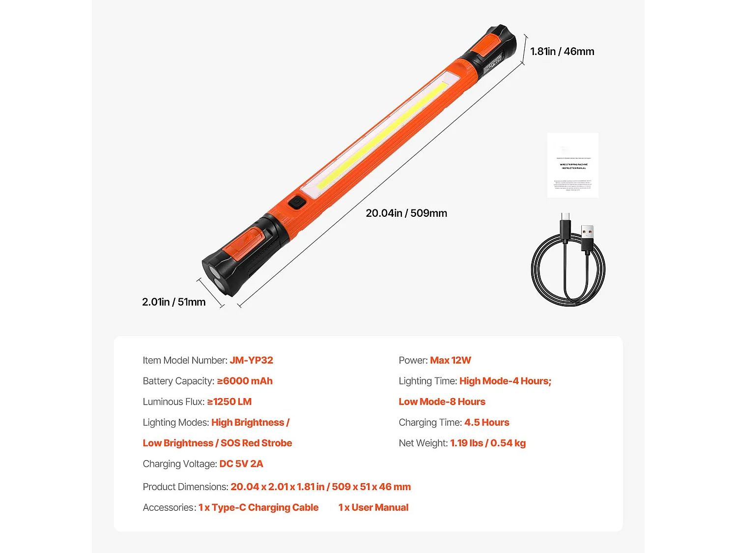 Lampe de Travail Magnétique sous Capot SucceBuy, 1250 lm 6000 mAh, Rechargeable, pour Garage, Atelier ou Situations d'Urgence