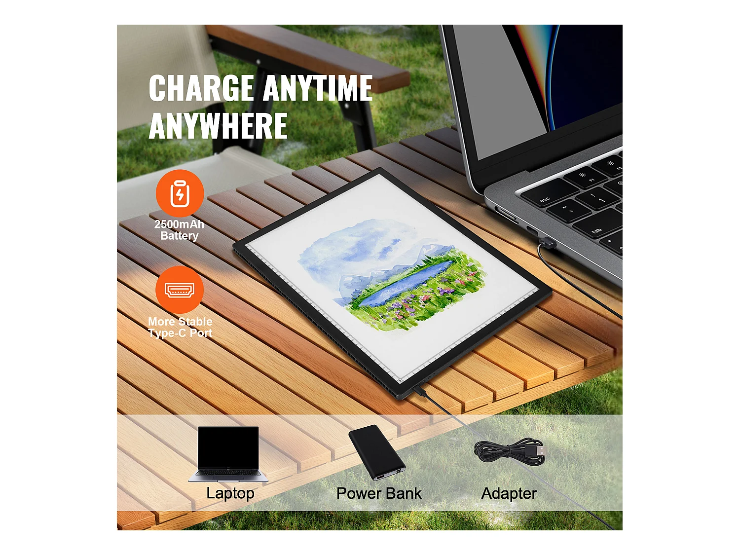 Panneau Lumineux LED SucceBuy A3 Rechargeable à Intensité Variable sur 6 Niveaux, Noir