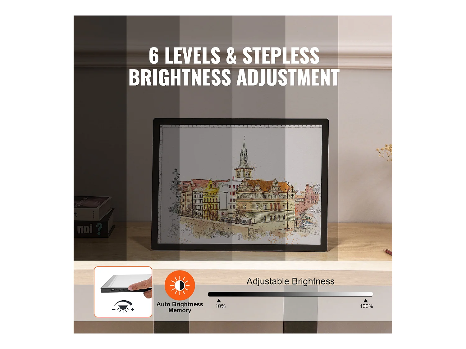 Panneau Lumineux LED SucceBuy A3 Rechargeable à Intensité Variable sur 6 Niveaux, Noir