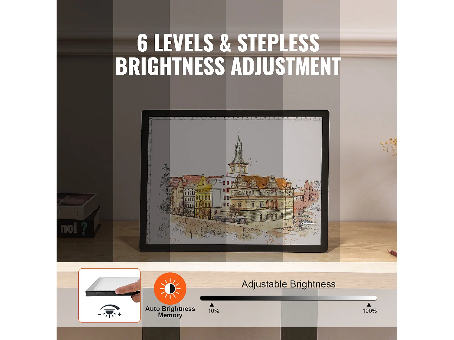 Panneau Lumineux LED SucceBuy A3 Rechargeable à Intensité Variable sur 6 Niveaux, Noir