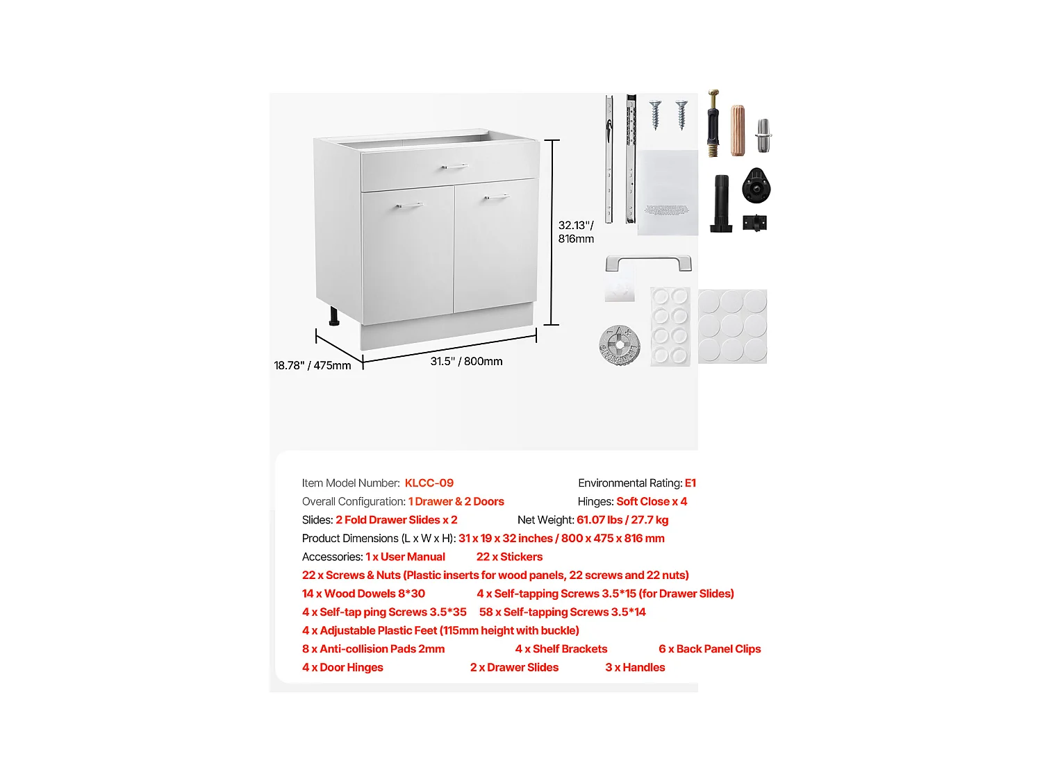 Meuble Bas Shaker SucceBuy, de 78,7 cm, avec Tiroir, Prêt à Assembler, pour Cuisine, Salon ou Bureau