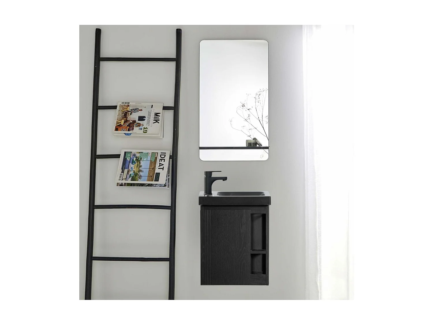 Conjunto de lavabo negro HAMPTON con almacenamiento lateral y estante de espejo