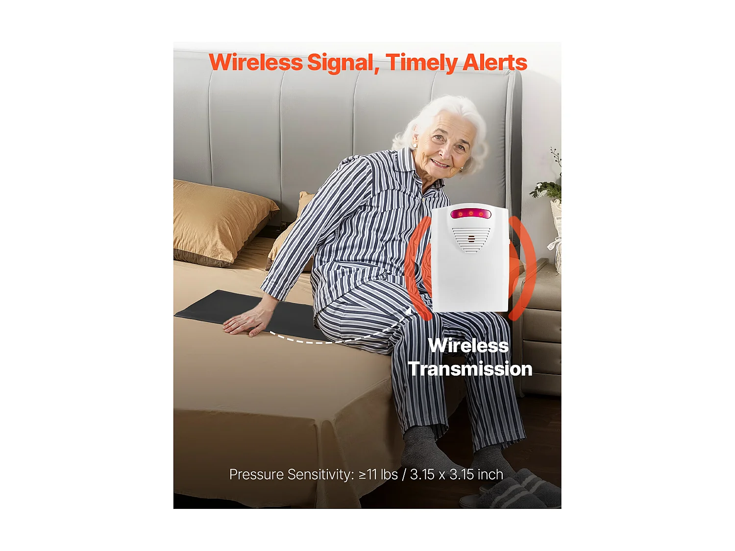 Tapis d'Alarme de Sortie de Lit, SucceBuy Capteur Sans Fil avec Téléavertisseur, Coussin Anti-Chute, Adapté aux Personnes Âgées, Utilisation Domestique