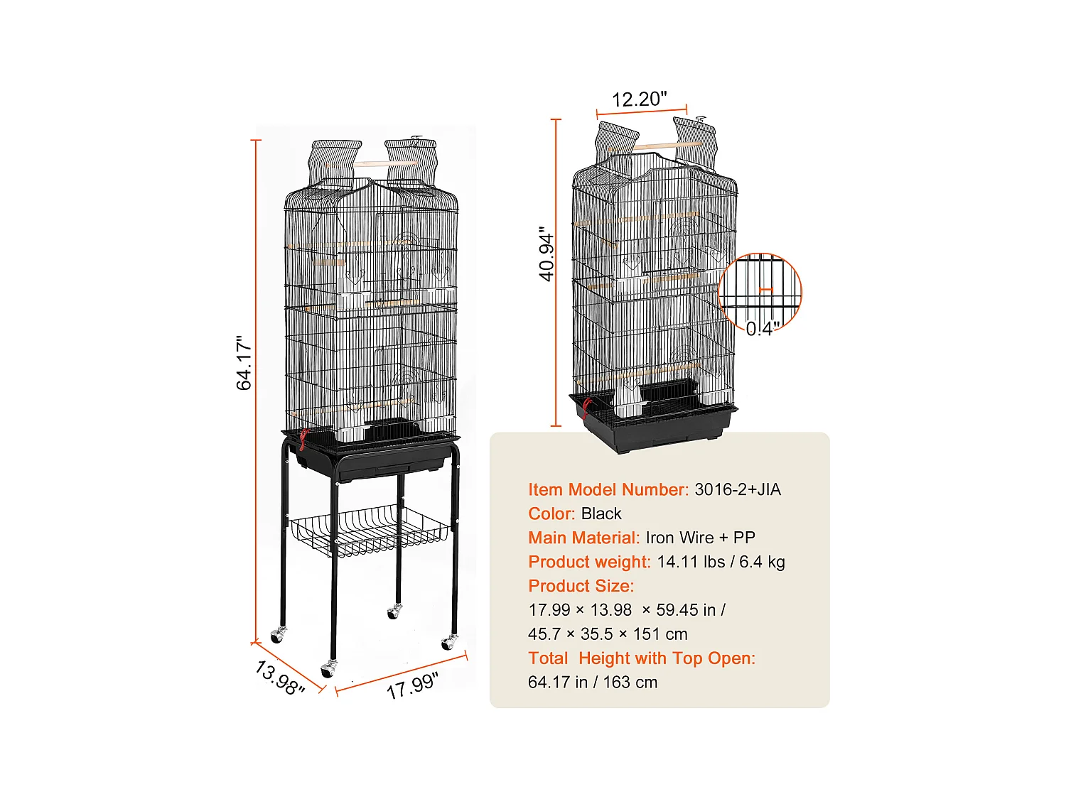 Jaula de Aves Rodante de Metal SucceBuy, 157,4 cm de Gran Tamaño, para Loros, con Comederos, Perchas, Columpios