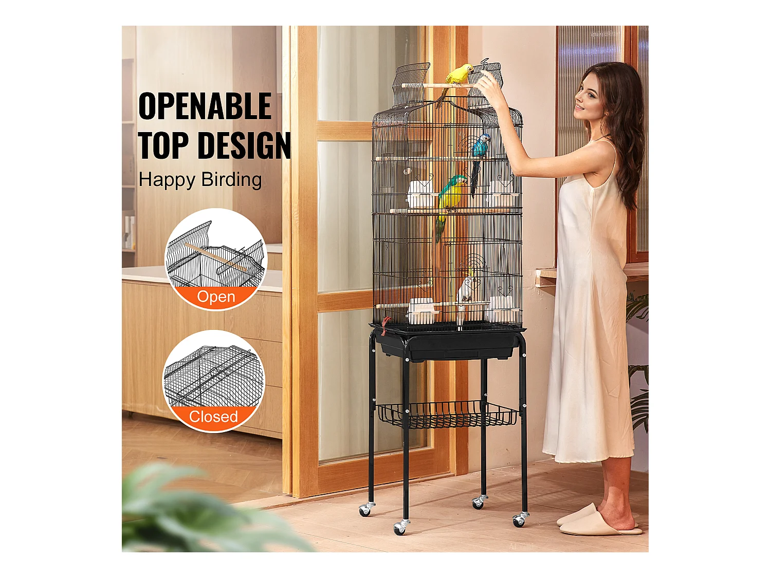 Jaula de Aves Rodante de Metal SucceBuy, 157,4 cm de Gran Tamaño, para Loros, con Comederos, Perchas, Columpios