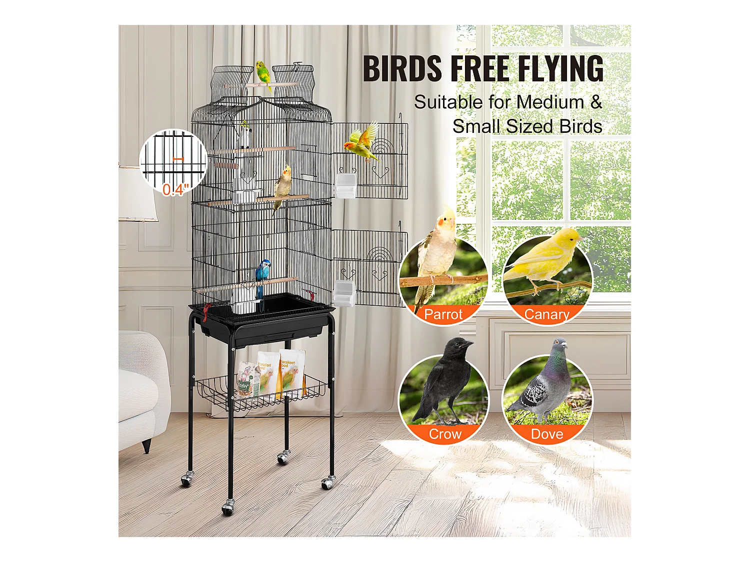 Jaula de Aves Rodante de Metal SucceBuy, 157,4 cm de Gran Tamaño, para Loros, con Comederos, Perchas, Columpios