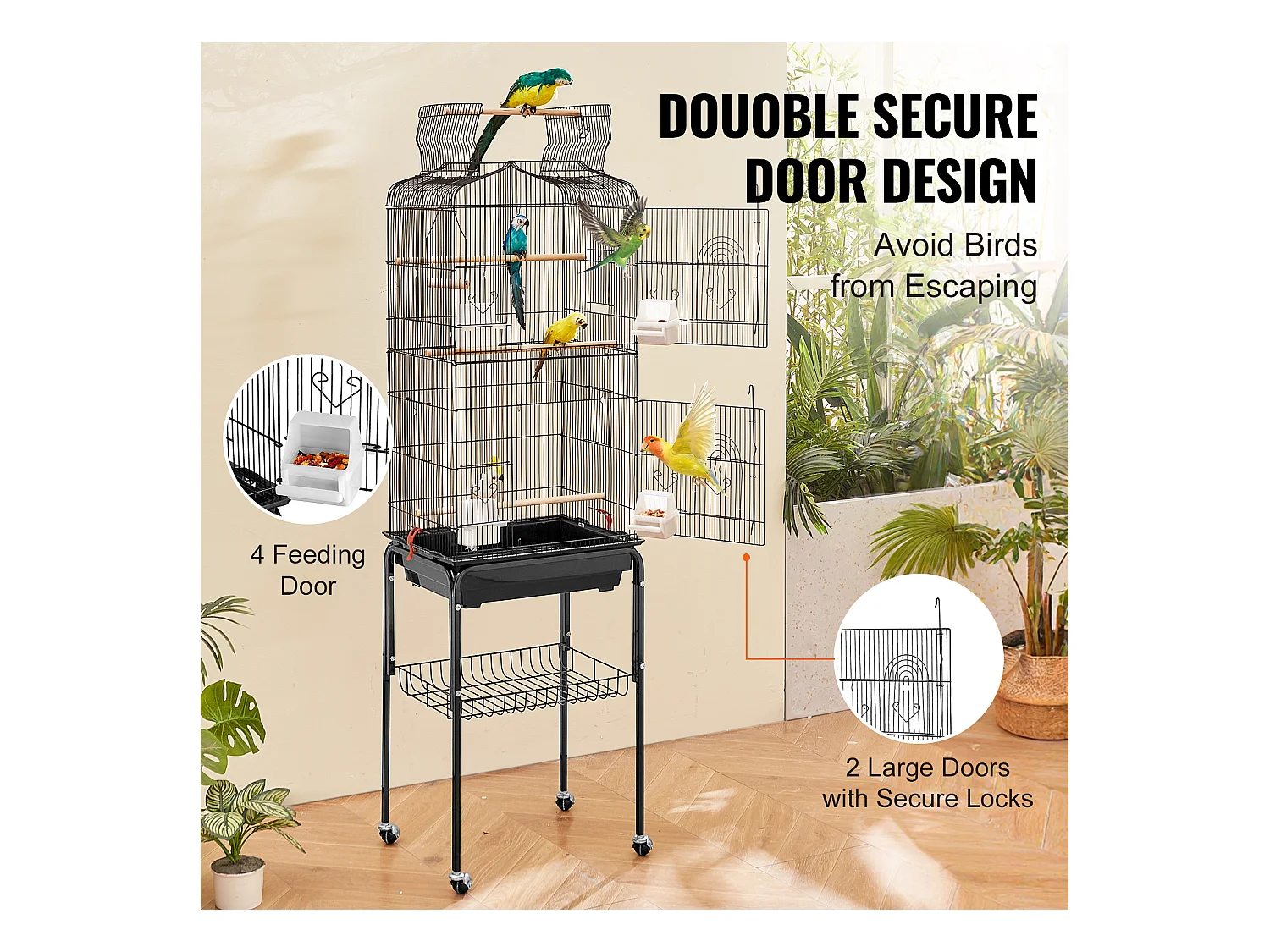Jaula de Aves Rodante de Metal SucceBuy, 157,4 cm de Gran Tamaño, para Loros, con Comederos, Perchas, Columpios