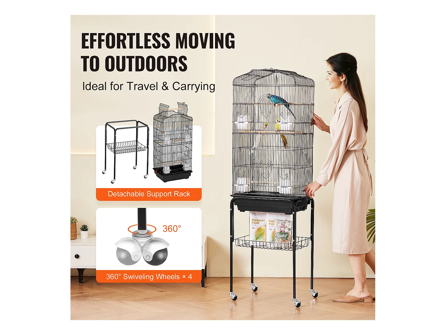 Jaula de Aves Rodante de Metal SucceBuy, 157,4 cm de Gran Tamaño, para Loros, con Comederos, Perchas, Columpios