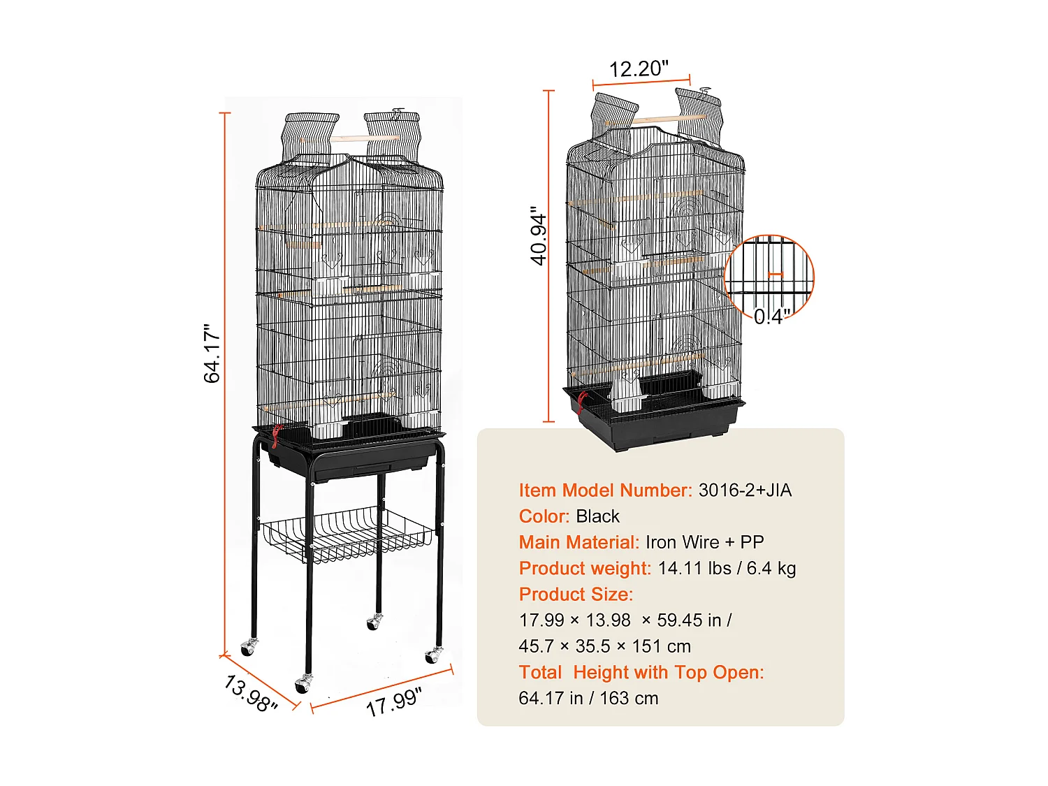 Cage à Oiseaux Roulante en Métal SucceBuy, 157,4 cm de Grande Taille, pour Perroquets