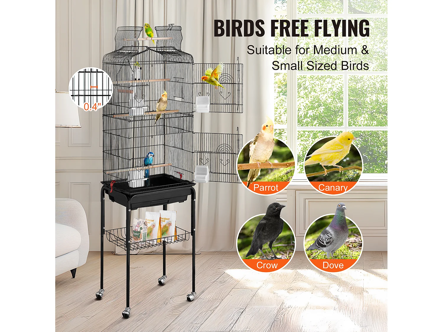 Cage à Oiseaux Roulante en Métal SucceBuy, 157,4 cm de Grande Taille, pour Perroquets