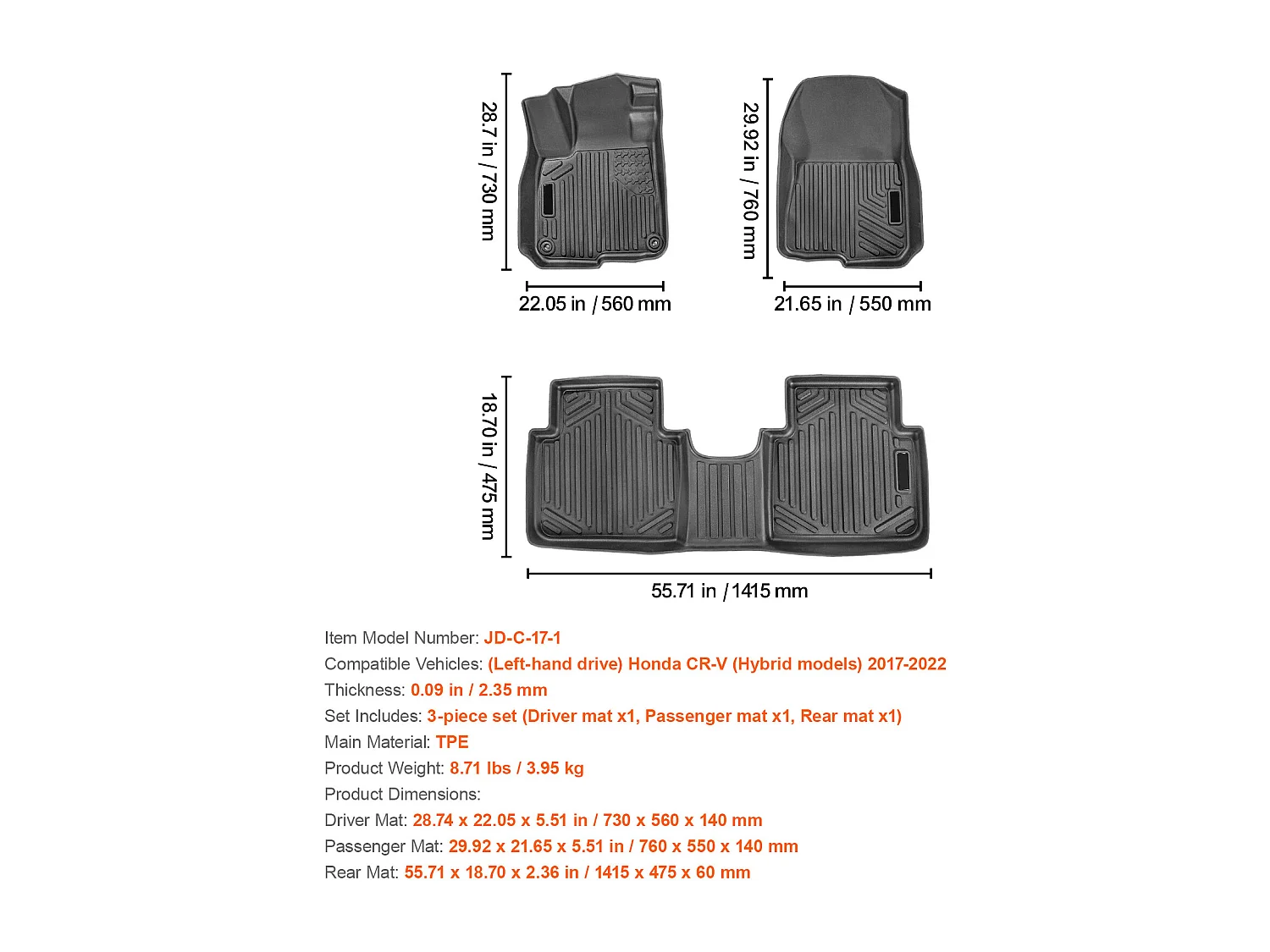 Automatten SucceBuy Compatibel met Honda CR-V 2017-2022, 3 Stuks Voor en 2e Rij, Op Maat Gemaakte SUV-Automatten van TPE, Gemakkelijk Schoon te Maken, Zwart