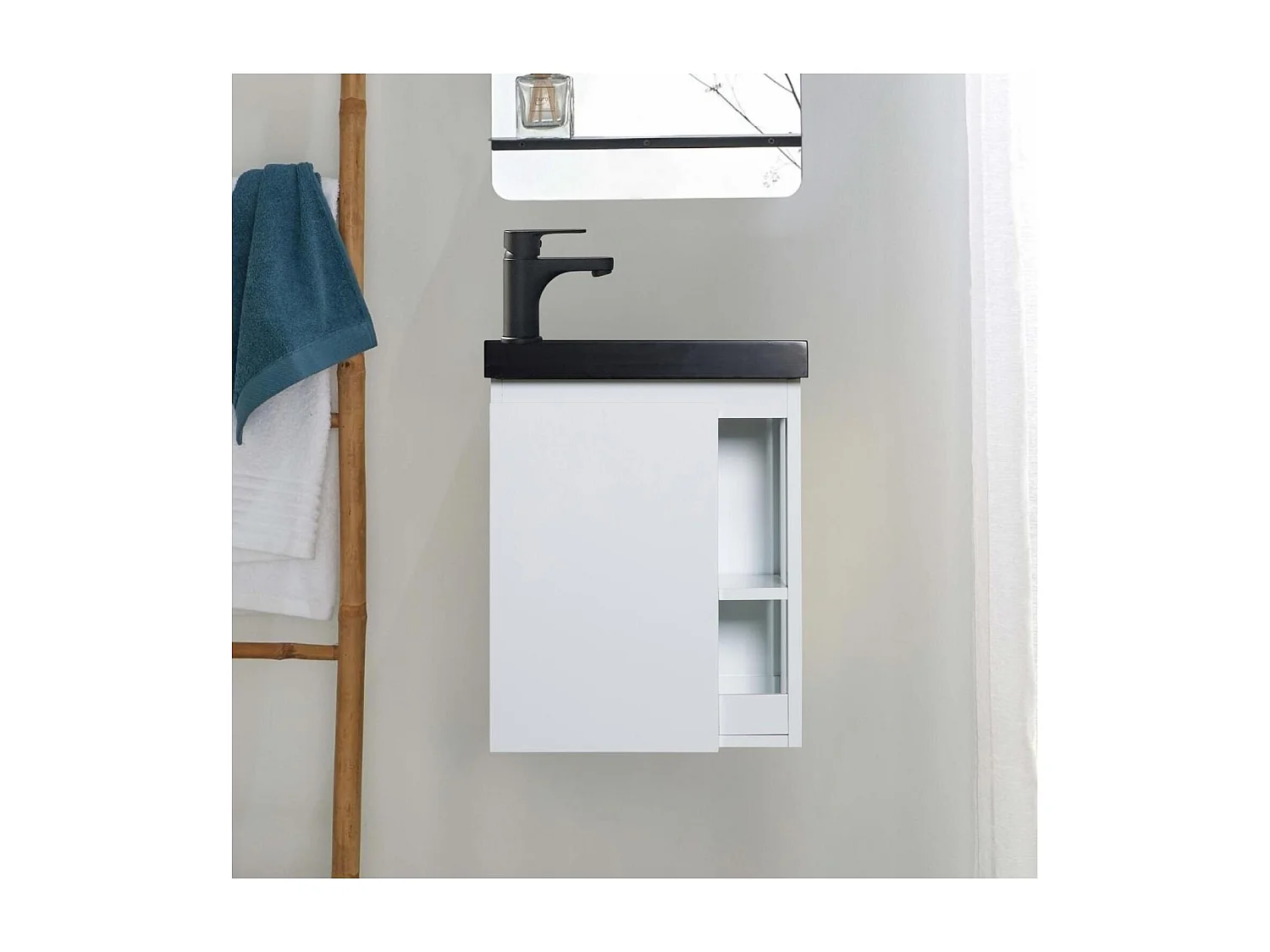 Schwarzes Waschbeckenset HAMPTON mit seitlicher Ablage und Wasserhahn