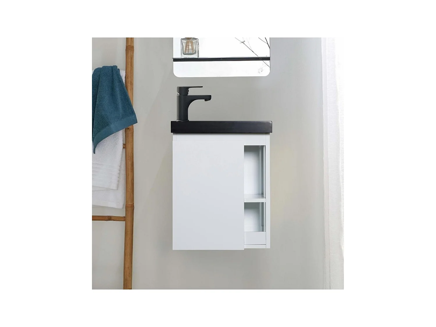 Ensemble lave-mains avec rangement latéral et robinet noir