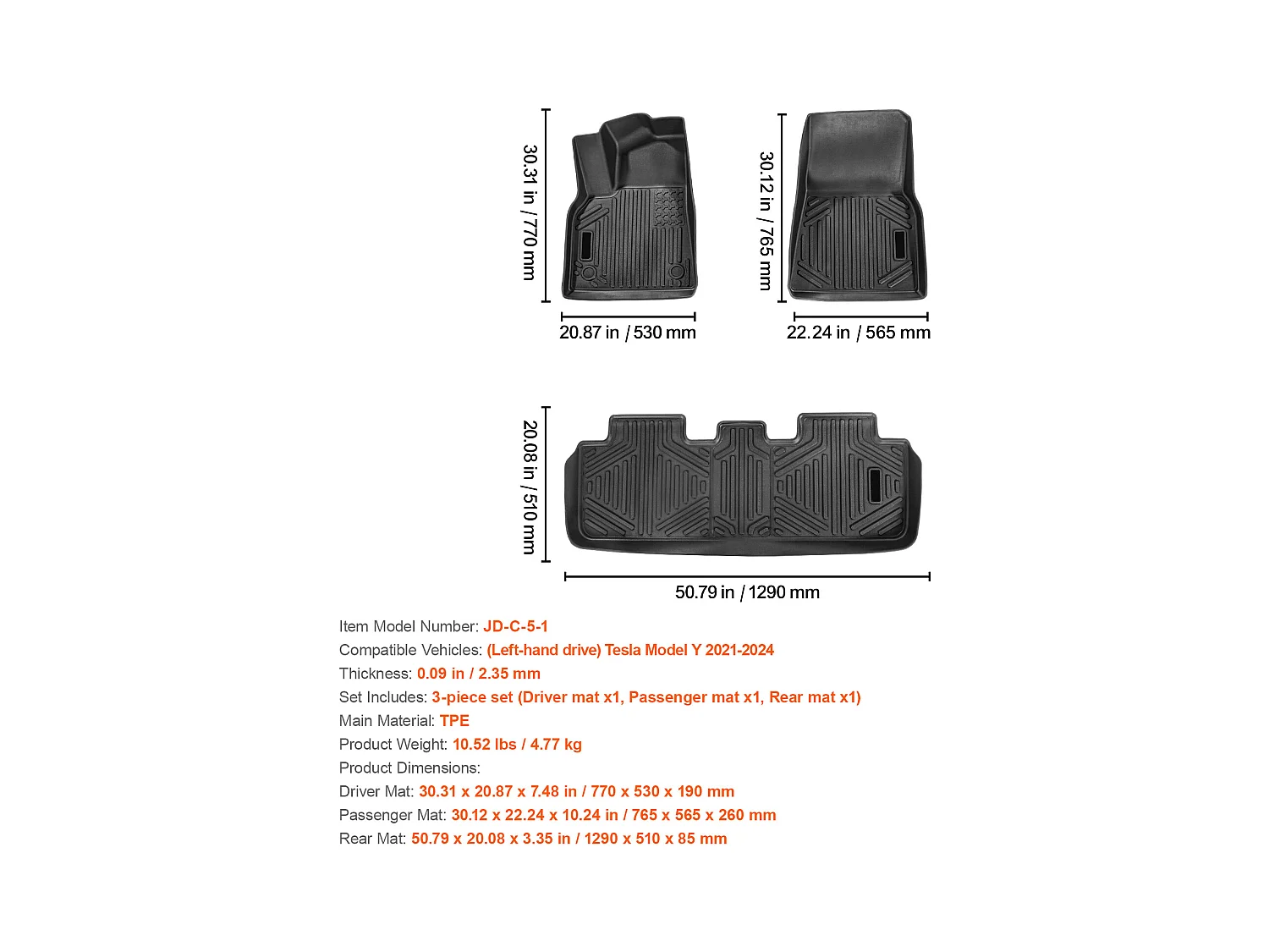Tapetes para Automóveis SucceBuy, Adequados para o Modelo Tesla Y 2021-2024, 3 Peças, Forros em TPE