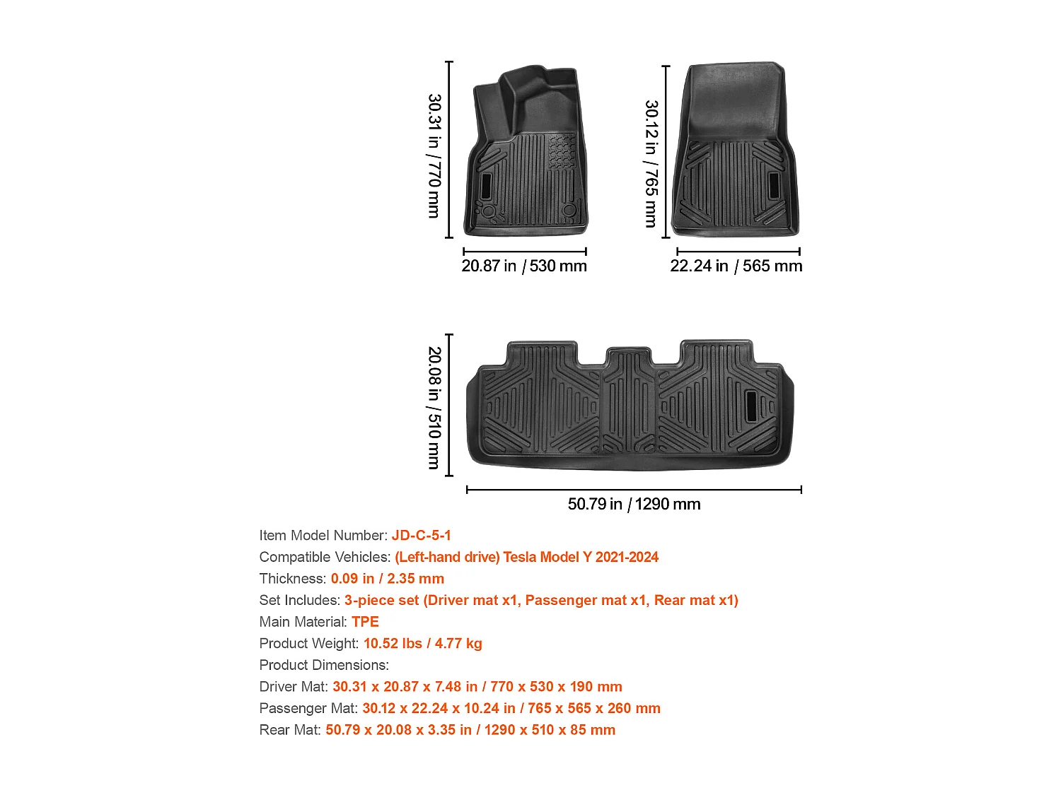 Fußmatten für Autos SucceBuy, Passend für das Modell Tesla Y 2021-2024, 3 Teile, TPE-Einlagen