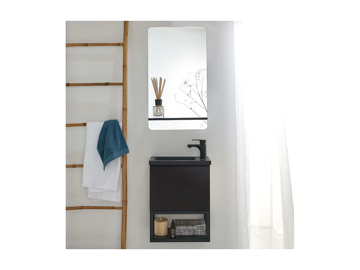 Ensemble lave-mains métal et bois avec miroir à tablette