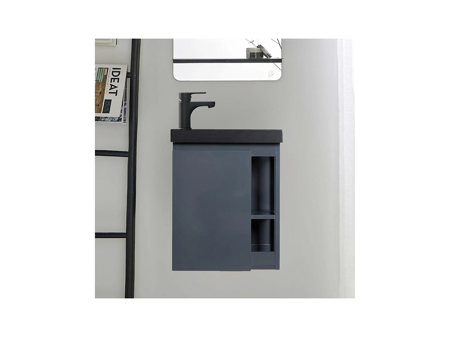 Ensemble lave-mains avec rangement latéral et robinet noir