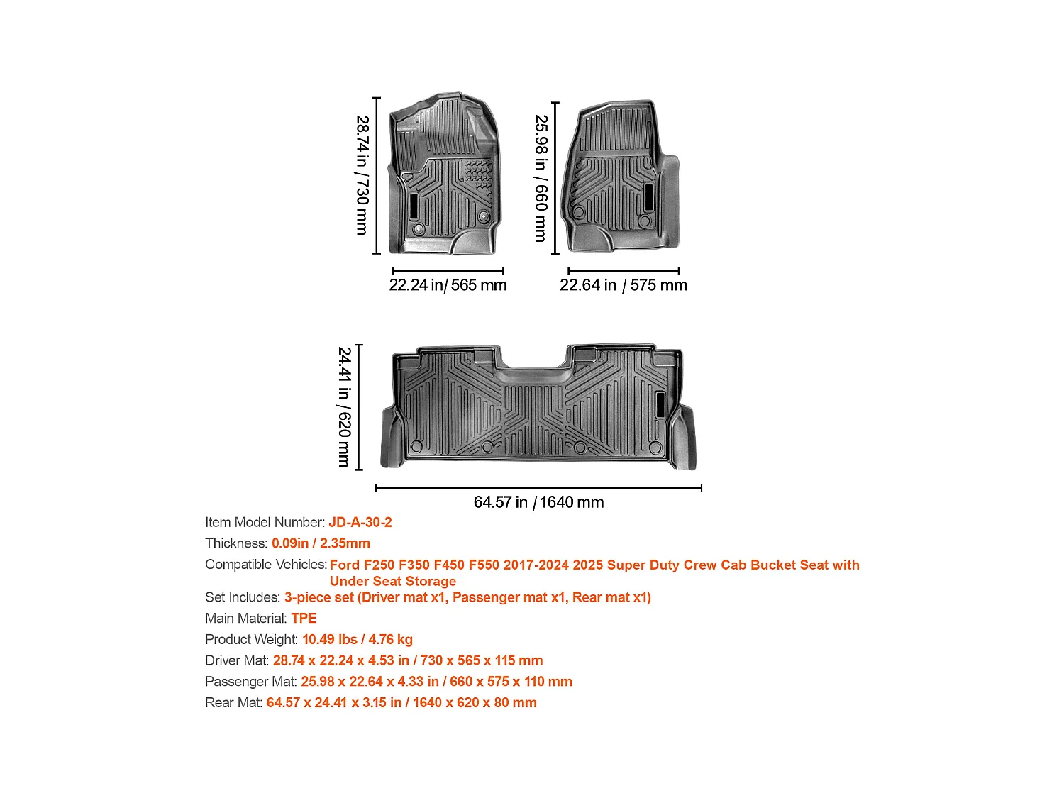 Tapis de Sol pour Automobile SucceBuy, Ensemble de 3 Pièces pour Ford F-250/F-350/F-450 2017-2022