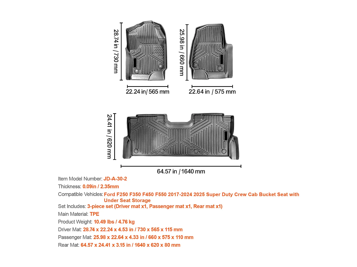 Fußmatten für Autos SucceBuy Kompatibel mit Ford F-250/F-350/F-450 2017-2022, 3-Teilige Auskleidung für Vorderen und Zweiten Sitzbereich, Schwarz