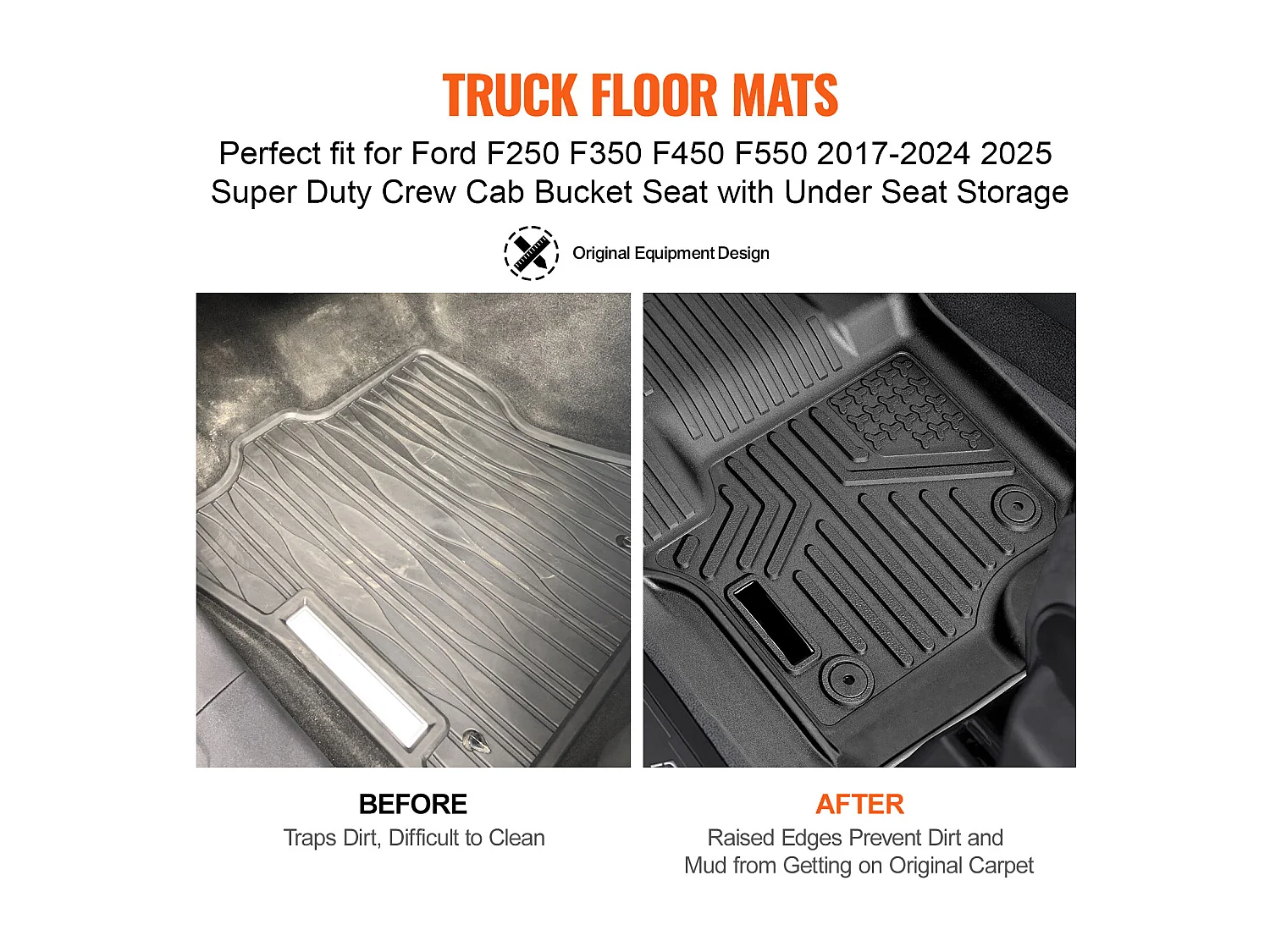 Fußmatten für Autos SucceBuy Kompatibel mit Ford F-250/F-350/F-450 2017-2022, 3-Teilige Auskleidung für Vorderen und Zweiten Sitzbereich, Schwarz