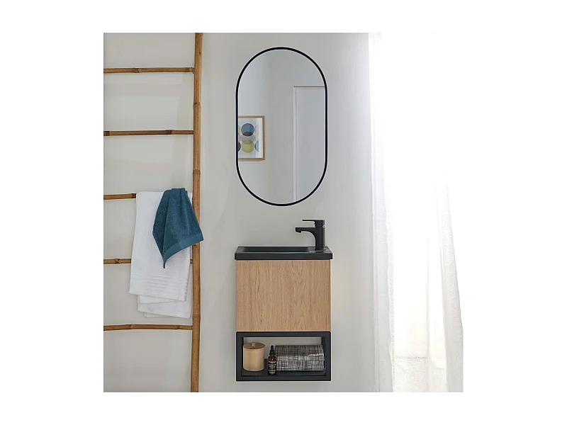 Set lavabo NOVA in metallo e legno con rubinetto nero e specchio ovale