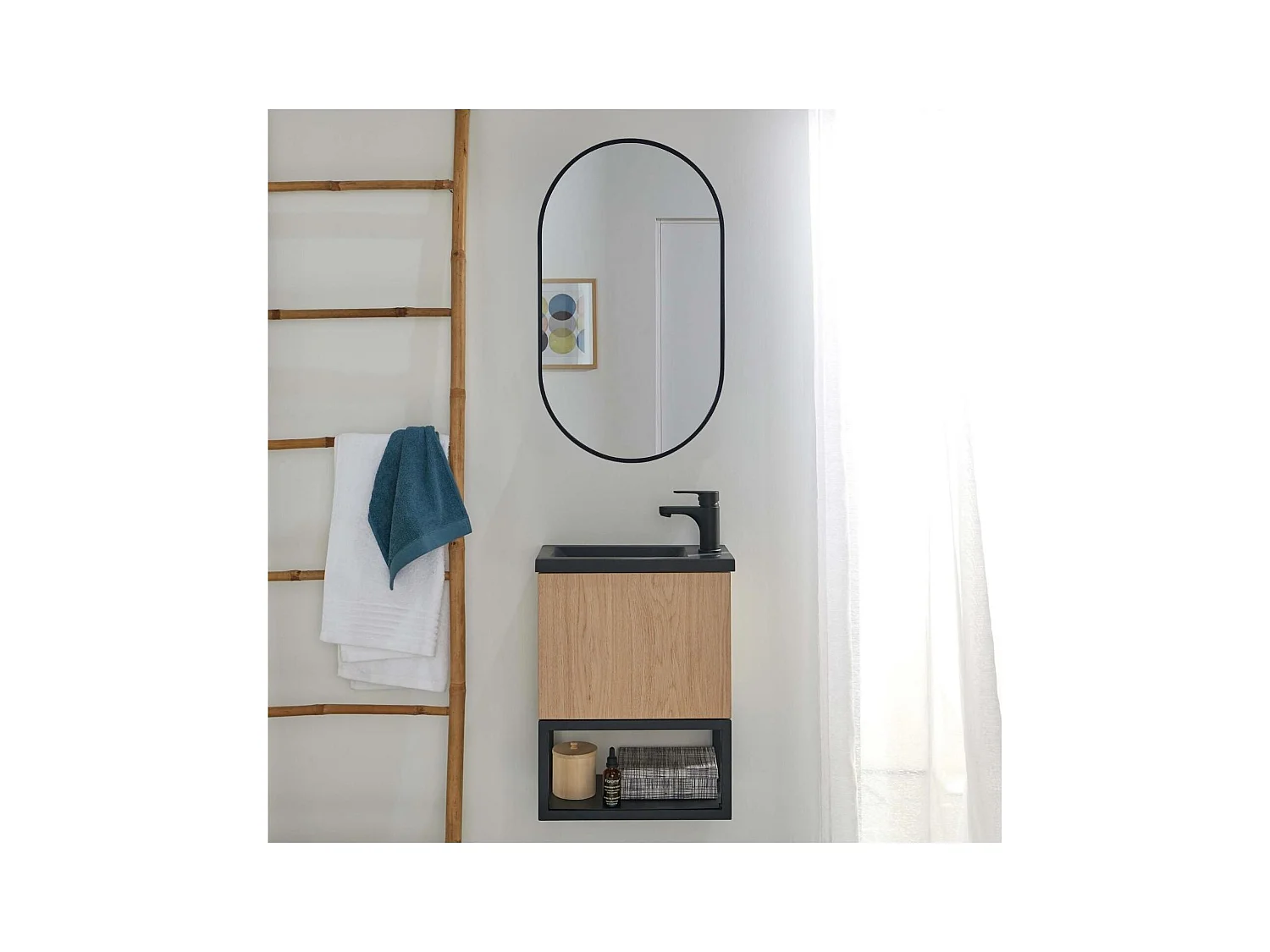 Ensemble lave-mains métal et bois avec robinet noir et miroir ovale