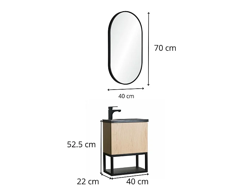 Conjunto de lavabo NOVA de metal y madera con grifería y espejo
