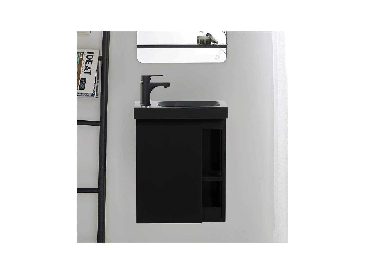 Ensemble lave-mains avec rangement latéral et robinet noir