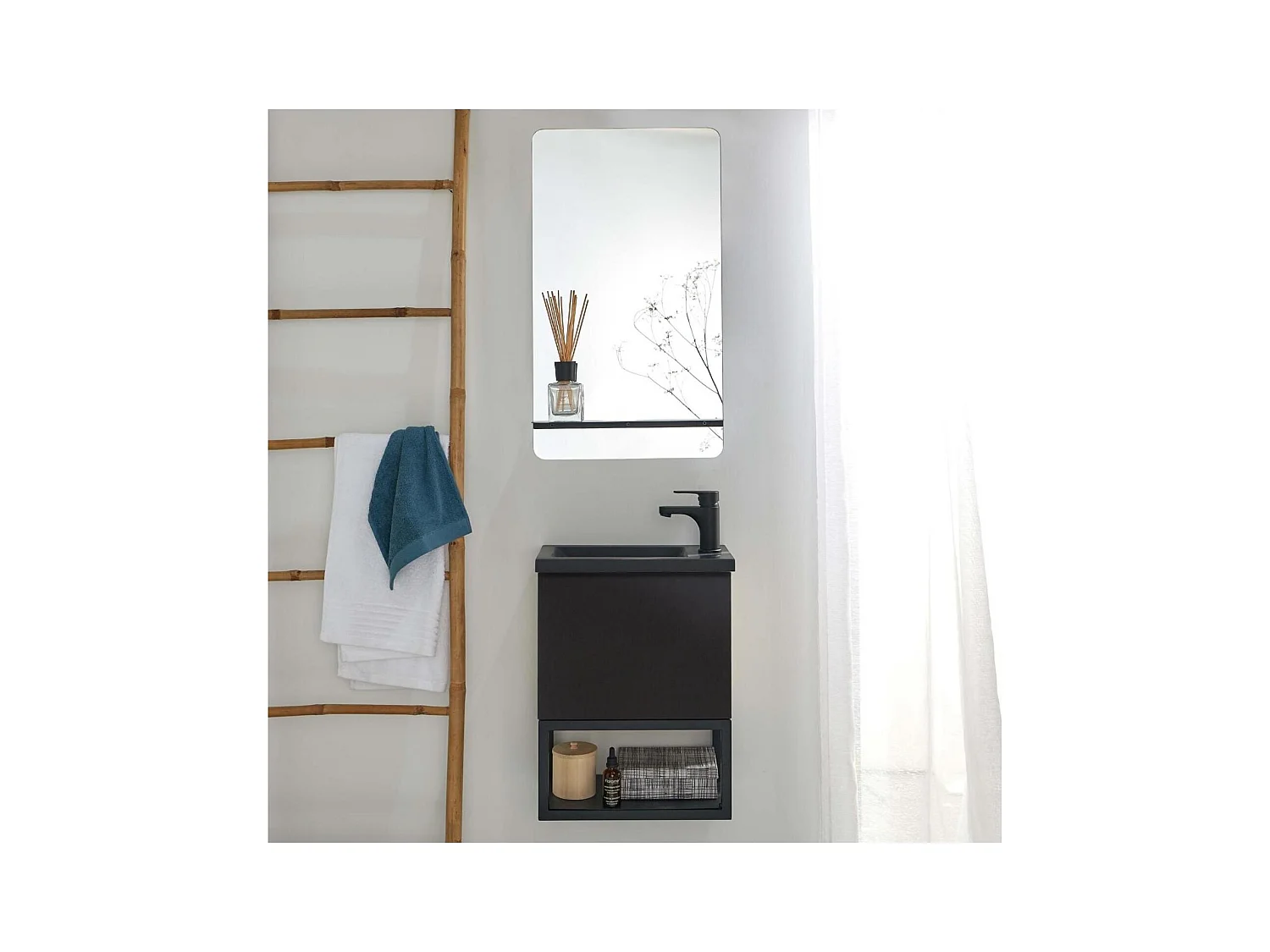 NOVA Waschbeckenset aus Metall und Holz mit schwarzem Wasserhahn und Spiegelablage