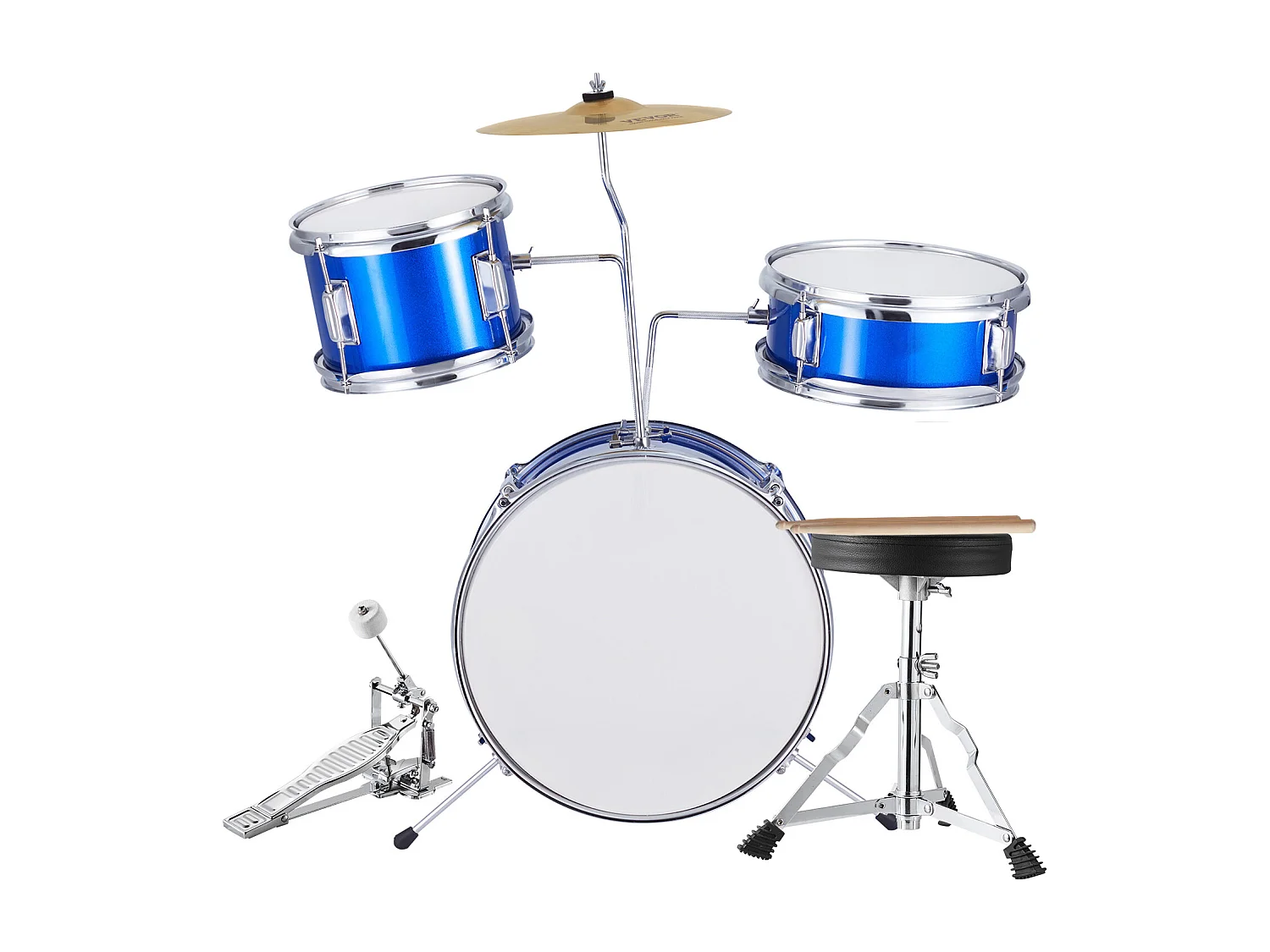 Conjunto de Batería para Niños SucceBuy, 3 Piezas, 355 mm, Batería con Asiento Azul, con Trono Ajustable, Platillo, Pedal