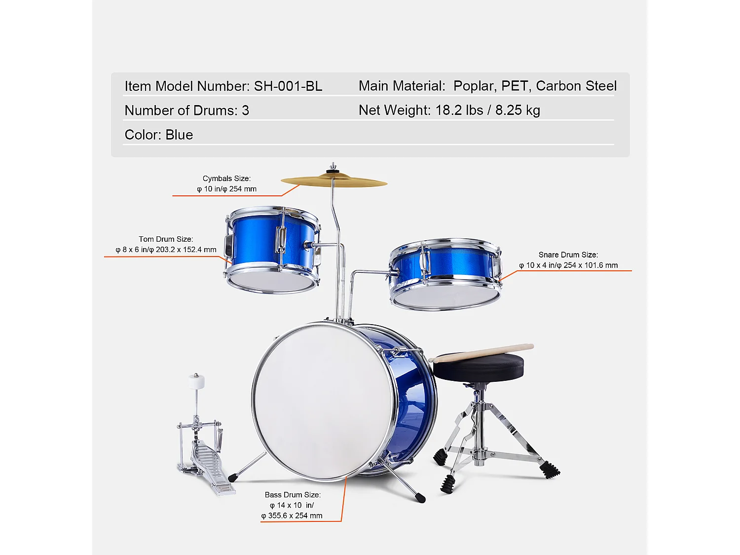 Conjunto de Batería para Niños SucceBuy, 3 Piezas, 355 mm, Batería con Asiento Azul, con Trono Ajustable, Platillo, Pedal