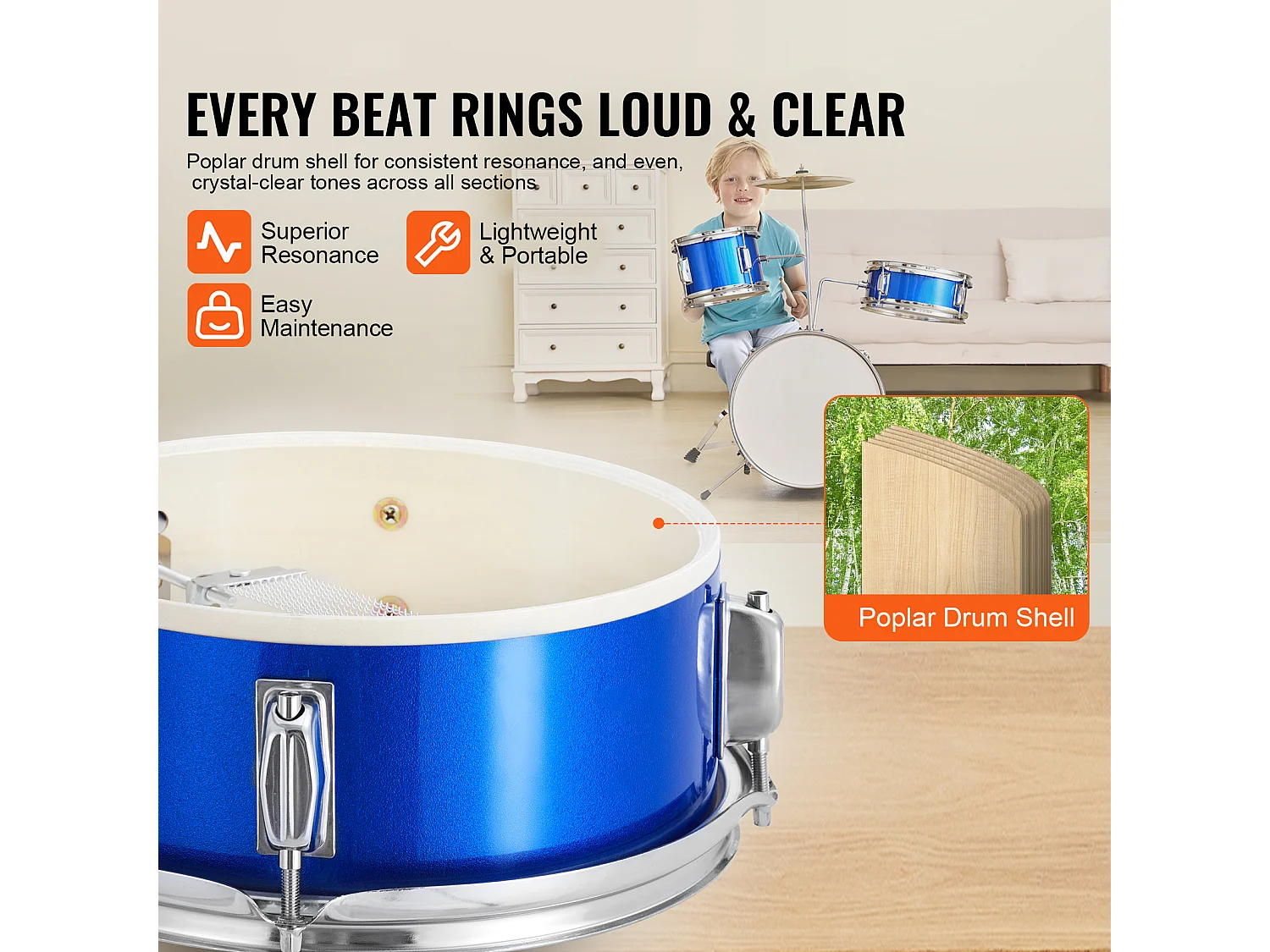 Conjunto de Batería para Niños SucceBuy, 3 Piezas, 355 mm, Batería con Asiento Azul, con Trono Ajustable, Platillo, Pedal