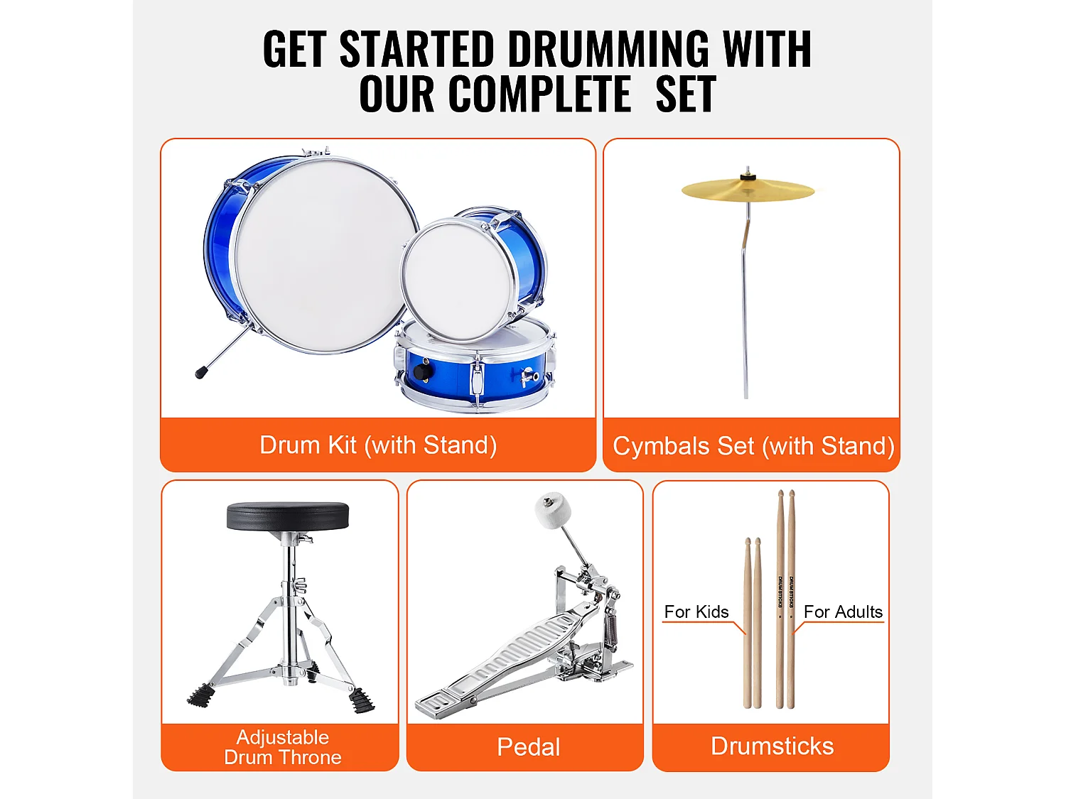 Conjunto de Batería para Niños SucceBuy, 3 Piezas, 355 mm, Batería con Asiento Azul, con Trono Ajustable, Platillo, Pedal