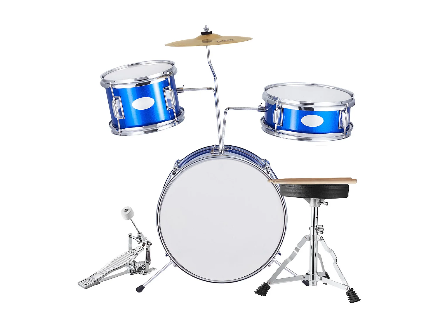 Conjunto de Batería para Niños SucceBuy, 3 Piezas, 355 mm, Batería con Asiento Azul, con Trono Ajustable, Platillo, Pedal