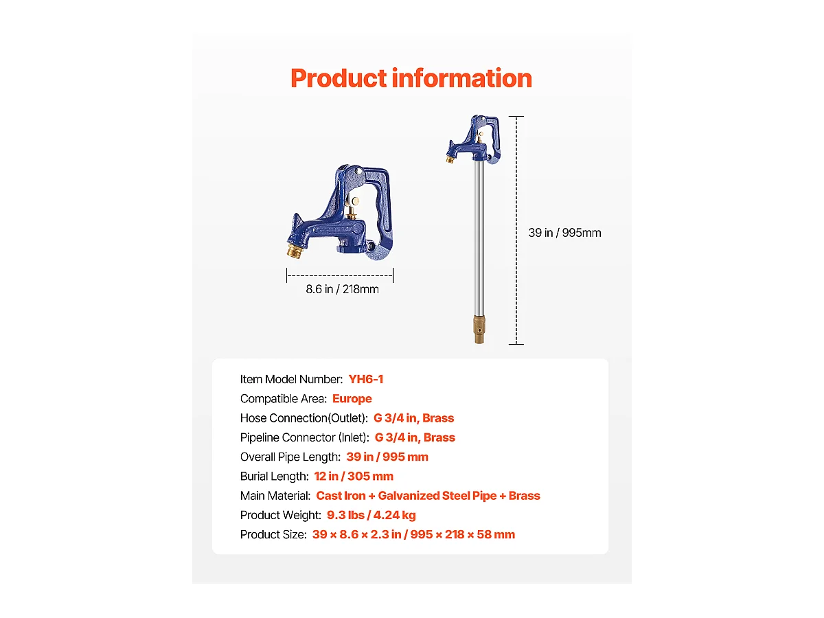 Borne d'Incendie Antigel SucceBuy, Longueur de 99cm, Profondeur d'Enfouissement de 30cm, Fonte Robuste
