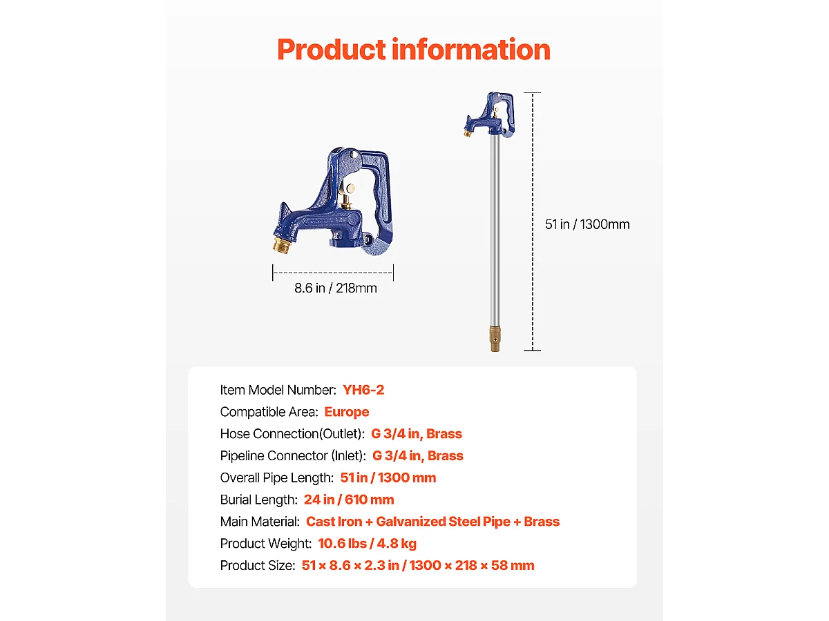 Borne d'Incendie SucceBuy de Jardin Antigel, Longueur de 130cm, Profondeur d'Enfouissement de 61cm, Fonte Robuste