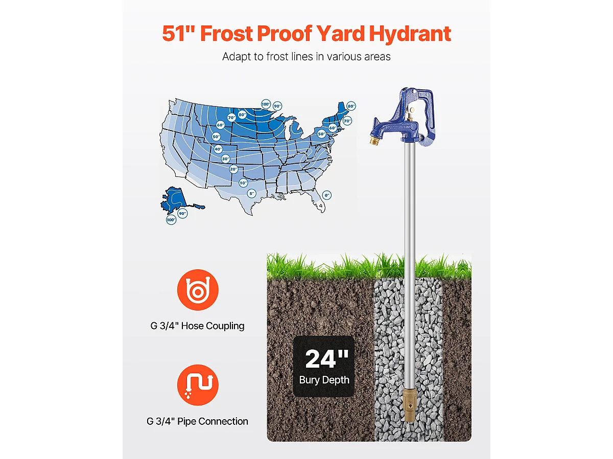 Borne d'Incendie SucceBuy de Jardin Antigel, Longueur de 130cm, Profondeur d'Enfouissement de 61cm, Fonte Robuste