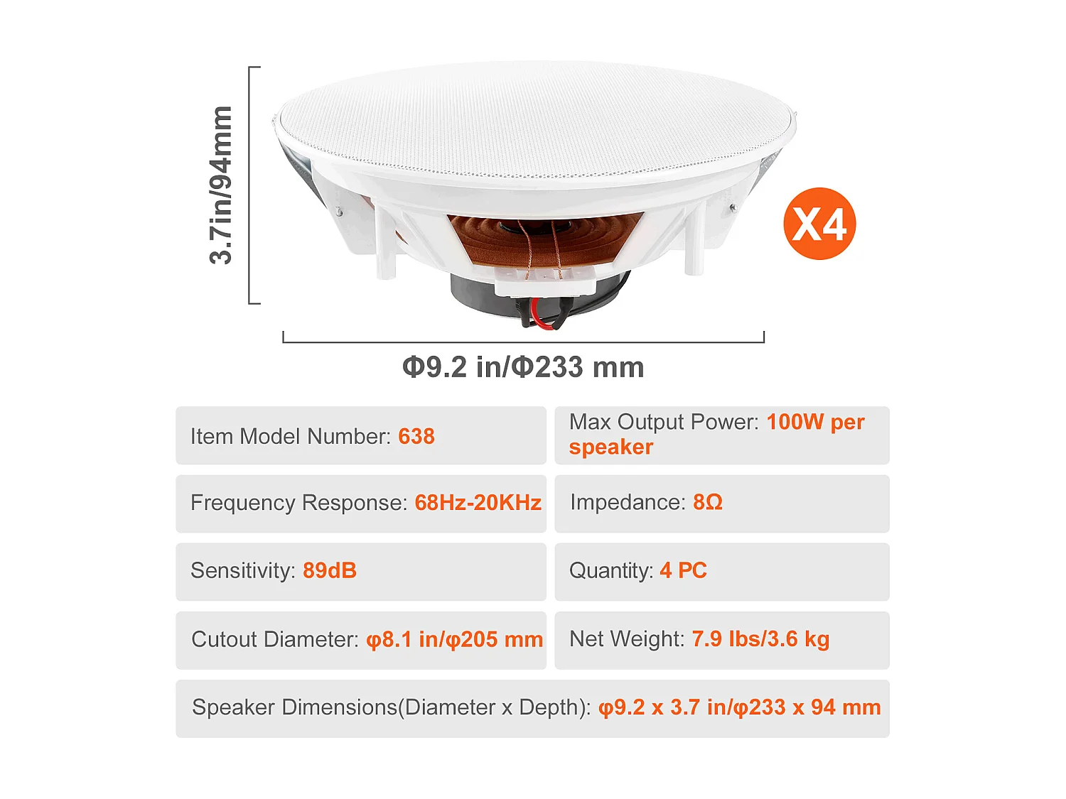 Haut-Parleurs de Plafond SucceBuy Lot de 4 100 W 8 Pouces, Montage Encastré, Système de Haut-Parleurs Encastrés au Plafond et au Mur
