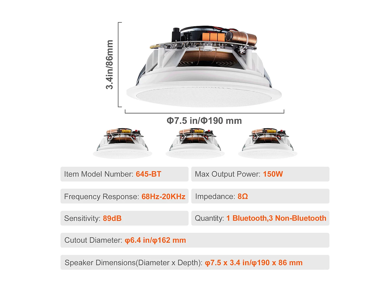 Haut-Parleurs de Plafond SucceBuy Lot de 4 Bluetooth 17cm 150 W à Montage Encastré dans le Mur, Système de Haut-Parleurs Encastrés au Plafond et au Mur