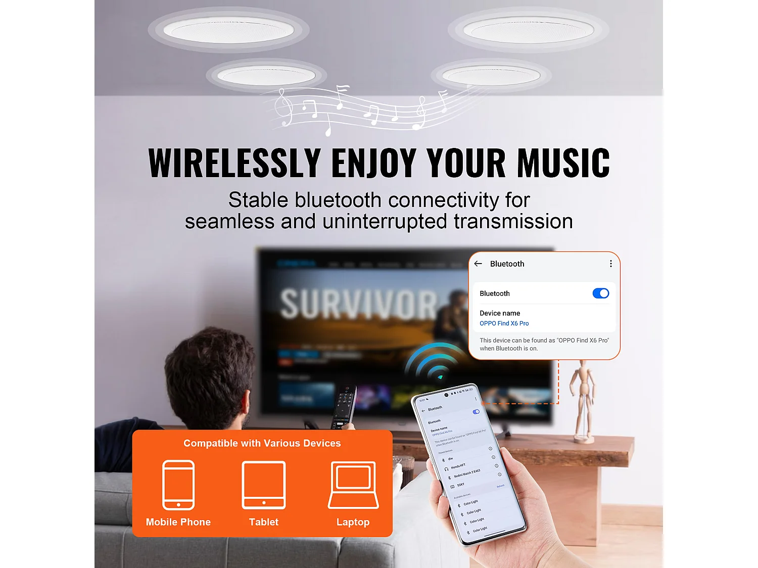 Haut-Parleurs de Plafond SucceBuy Lot de 4 Bluetooth 17cm 150 W à Montage Encastré dans le Mur, Système de Haut-Parleurs Encastrés au Plafond et au Mur