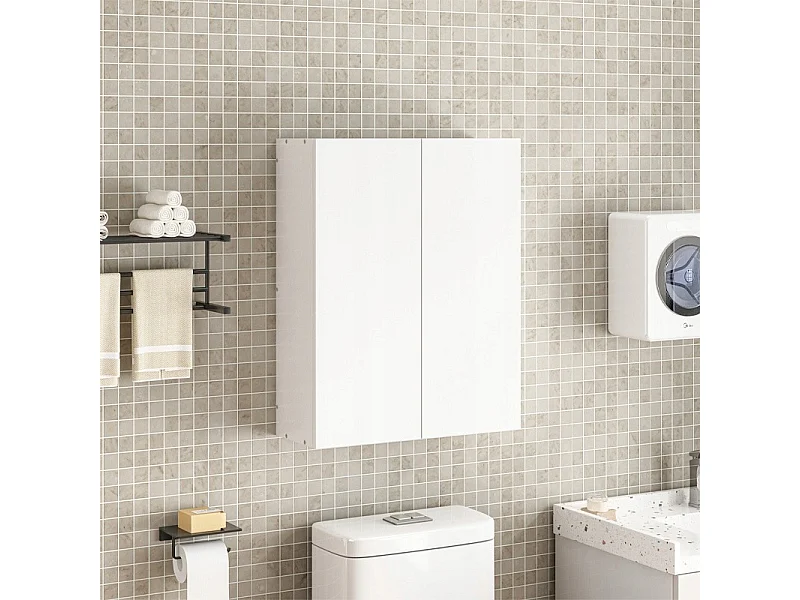 Armoire de salle de bain suspendue blanche à 2 portes, moderne, murale, 3 étagères, 60 cm