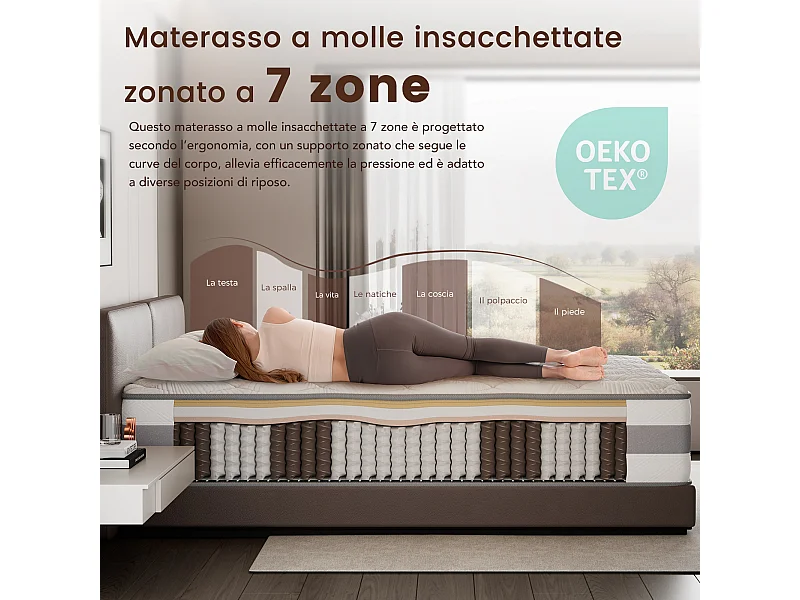 HOMAVO materasso a molle 140x190 cm, spessore 25 cm, 7 zone di comfort, rigidità media H3, certificato OEKO-TEX