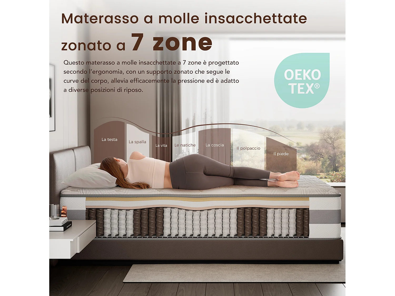 HOMAVO materasso a molle 180x200 cm, spessore 25 cm, 7 zone di comfort, rigidità media H3, certificato OEKO-TEX